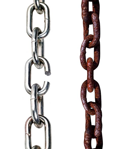 Old rusty chain next to new chain with a broken link