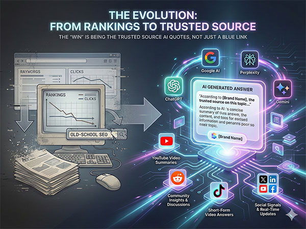 Illustration that shows the evolution from old-school rankings to being the answer AI trusts.