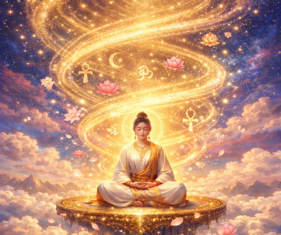 Meditator in garden glowing with sapphire and emerald light