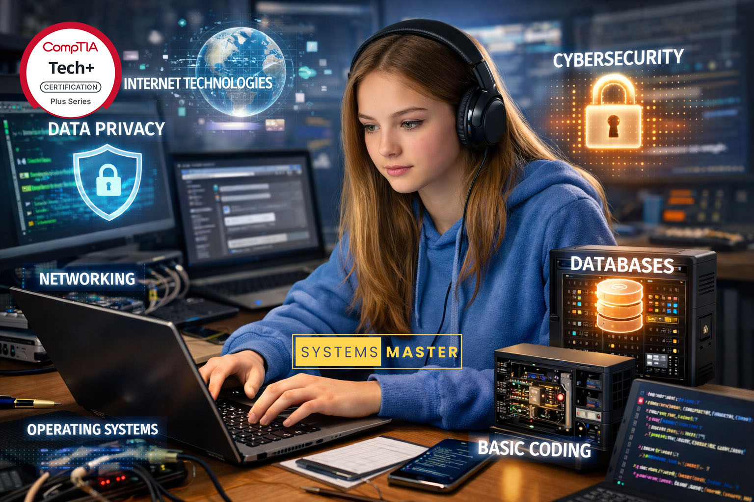 Young systems engineer studying CompTIA Tech+ while managing data privacy, cybersecurity, networking, operating systems, hard