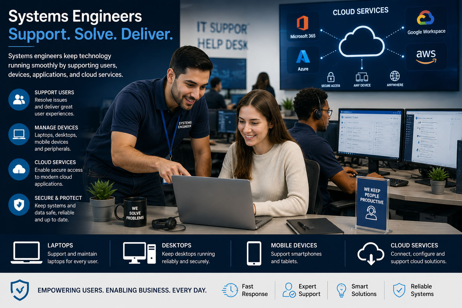 Systems engineer supporting users, laptops, desktops and cloud services in a modern CompTIA A+ IT environment.