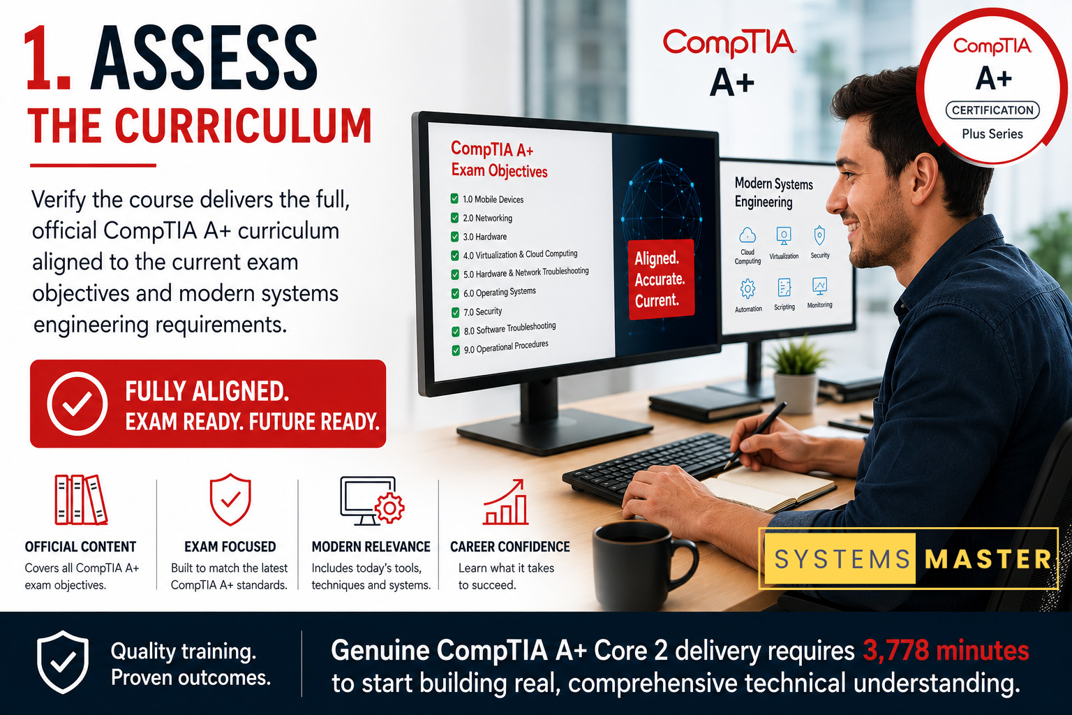 Engineer assessing official CompTIA A+ Core 2 curriculum with dual screens and 3,778-minute training reference.