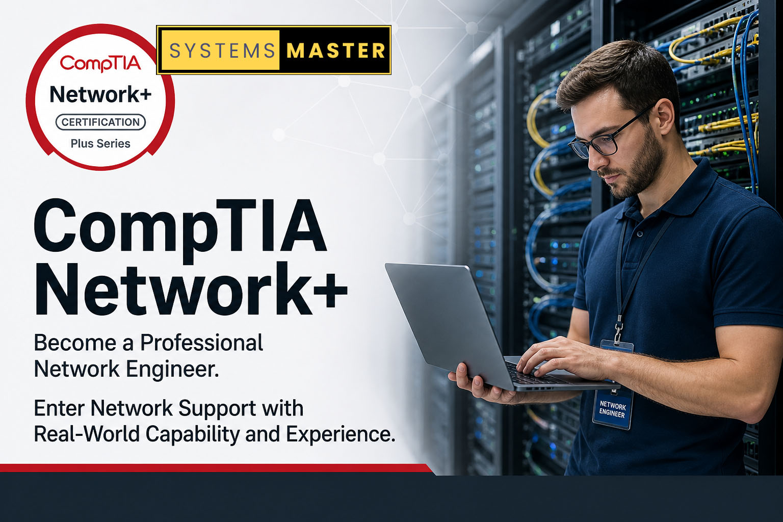 CompTIA Network+ student mastering routing, switching, wireless, troubleshooting, and network security skills.