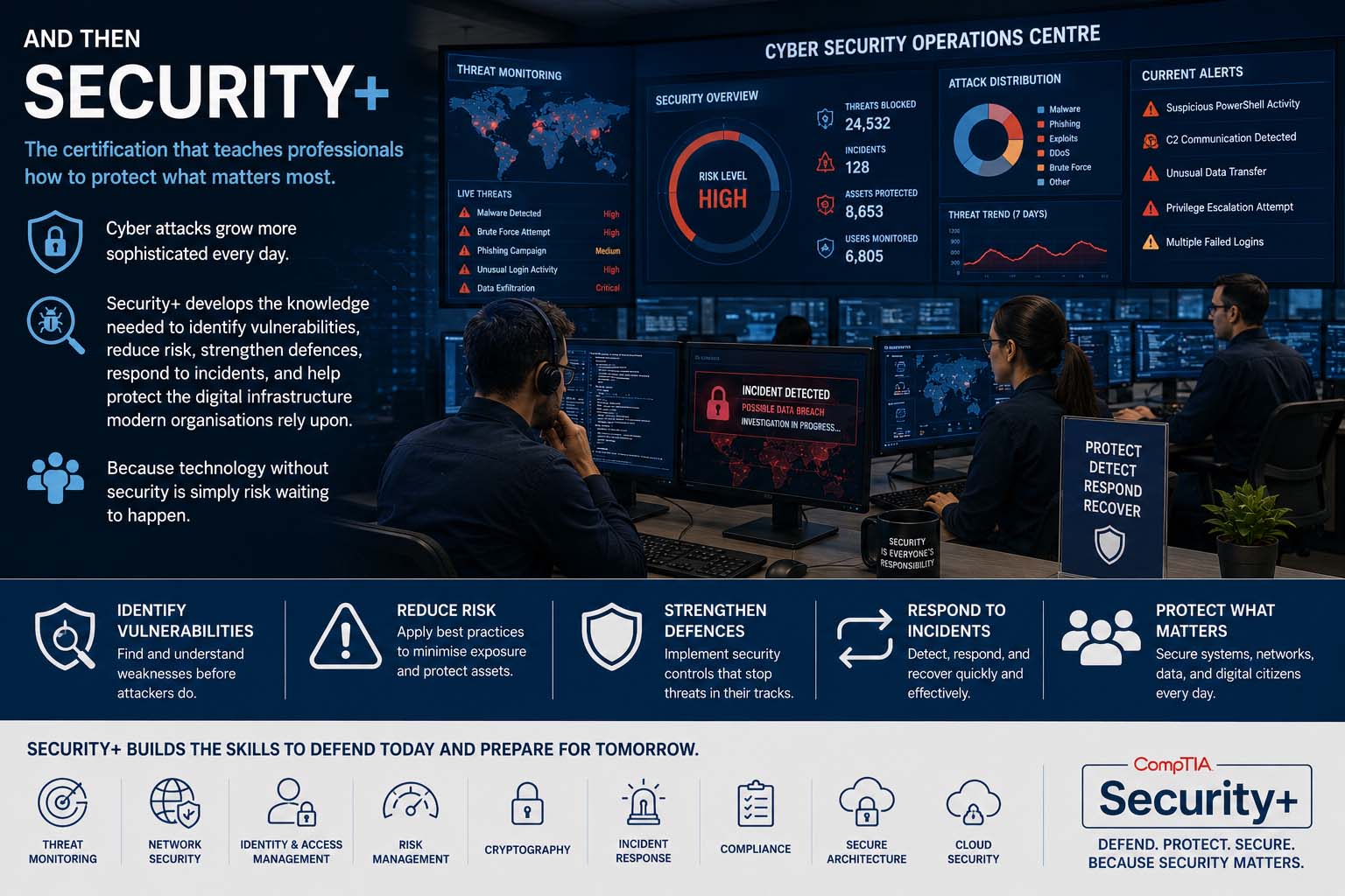 Security analysts monitoring threats and defending systems, networks and data using CompTIA Security+ skills.