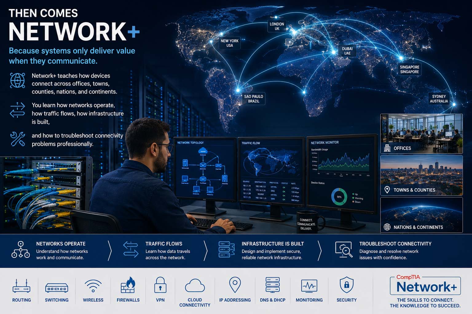 Network engineer monitoring global connectivity, data centres and fibre networks using CompTIA Network+ skills.