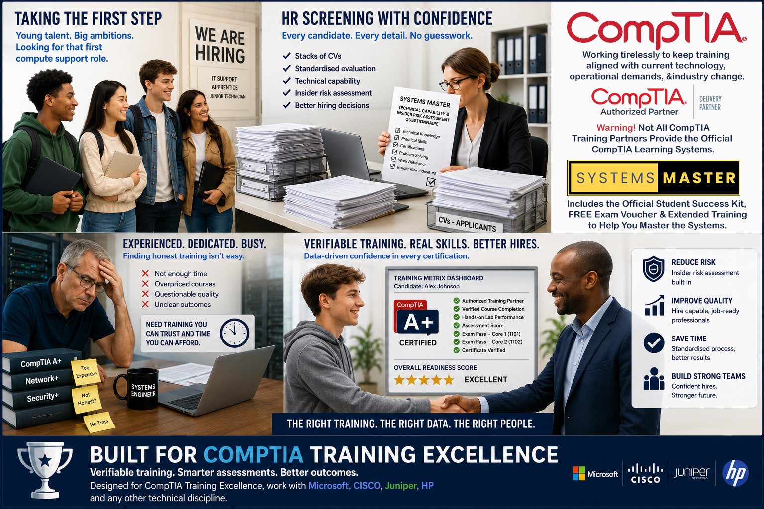Young IT candidates, HR screening, CompTIA training metrics, recruiter handshake and technical assessment process