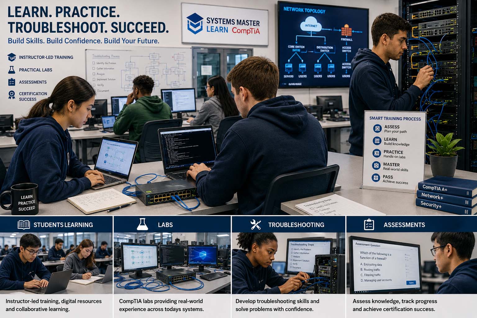 Students completing CompTIA labs, troubleshooting systems and assessments to build real-world IT and cyber skills.