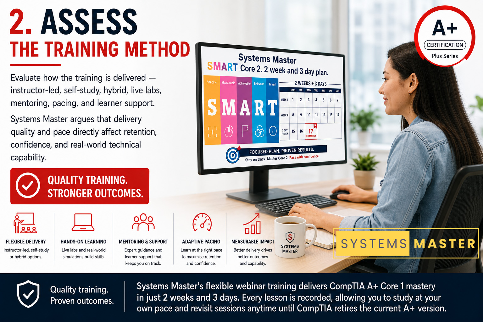 Student assessing CompTIA A+ SMART training delivery with live labs, mentoring, pacing, and learner support.