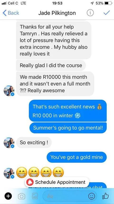 Message from Jade: We made R10000 this month and it wasn't even a full month. Tamryn replies: R10 000 in winter — summer's going to go mental!