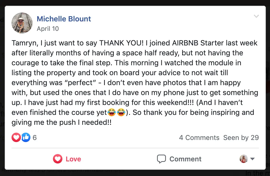 Facebook post from Michelle Blount: I have just had my first booking for this weekend, and I haven't even finished the course yet!