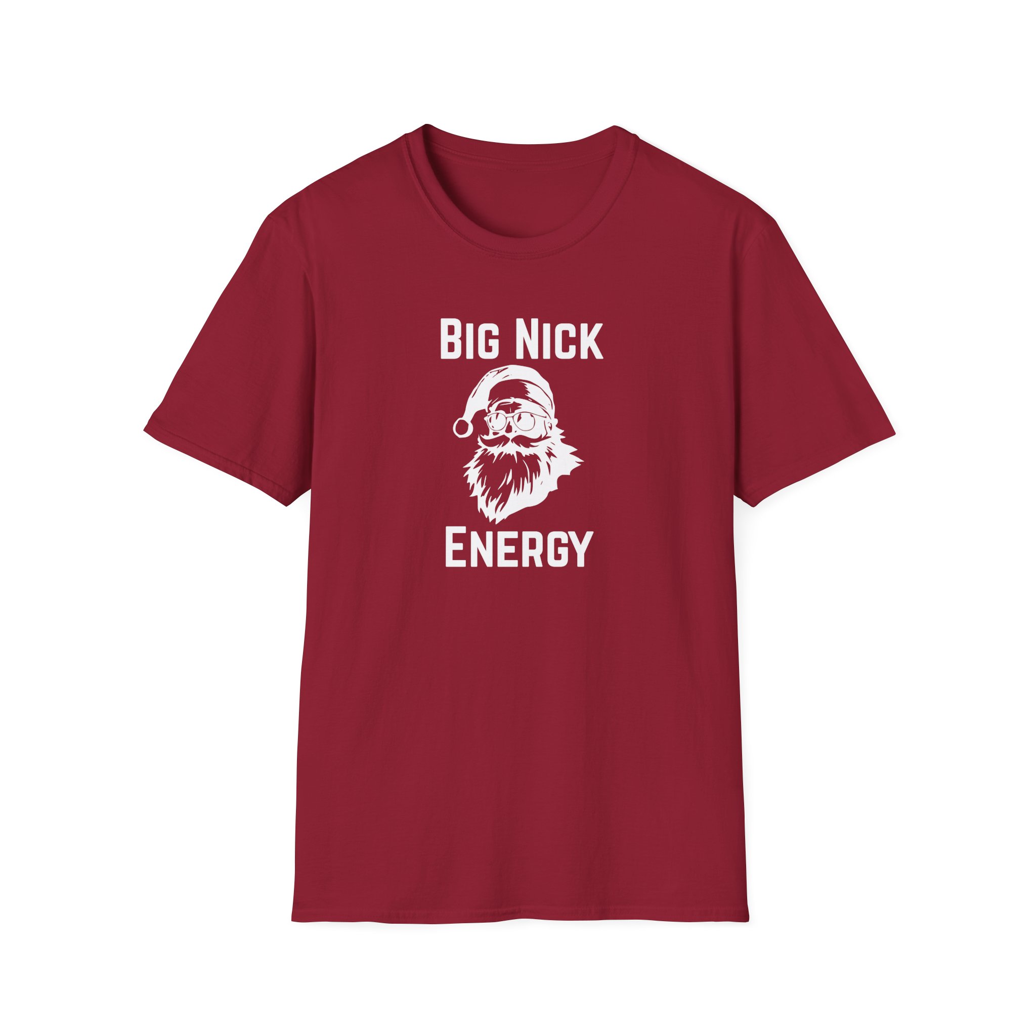custom tee that has Santa and "Big Nick Energy" for a gag  gift or white elephant gift for Chrstmas