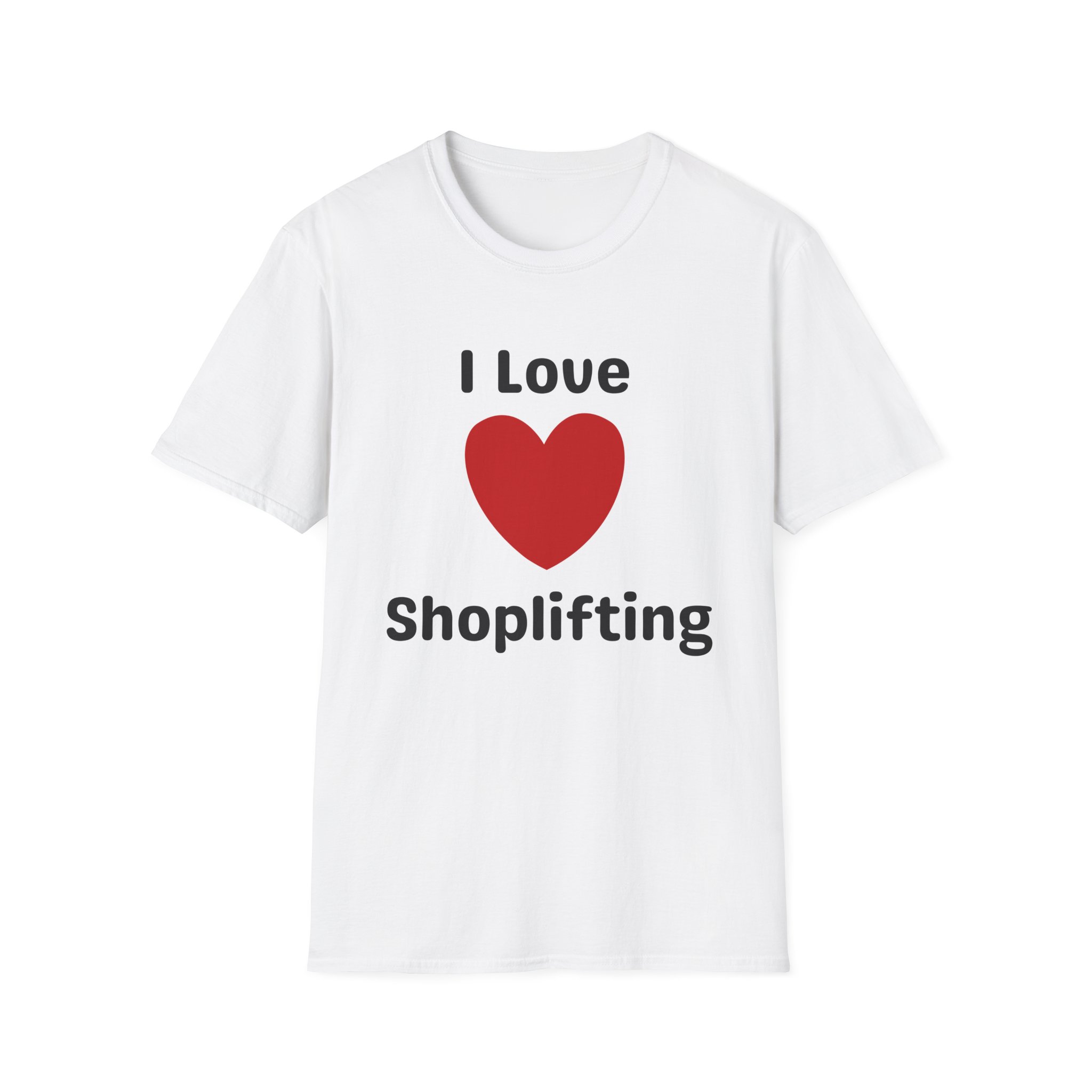 funny "I love shoplifting" tee for a white elephant gift or gag gift