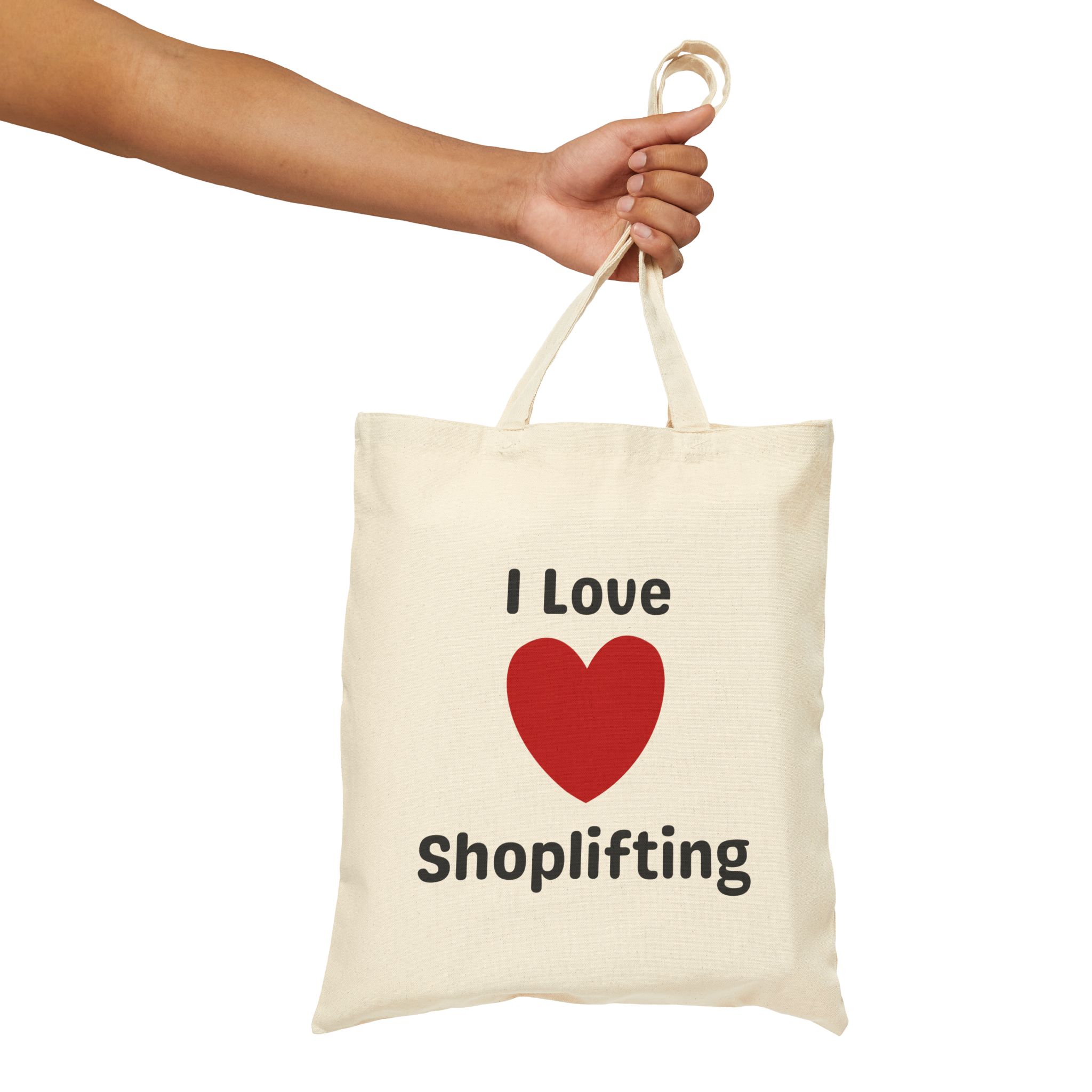 gag gift shopping bag that says "I love shoplifting"