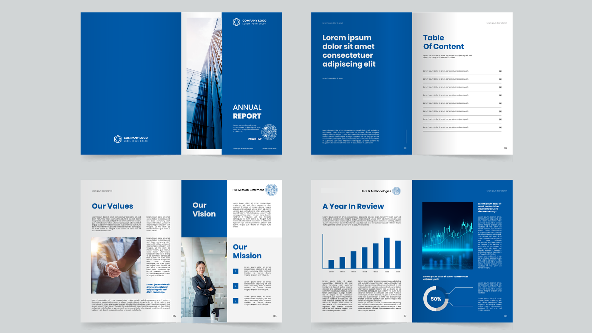 4 pages of an annual report with QR codes used in different ways