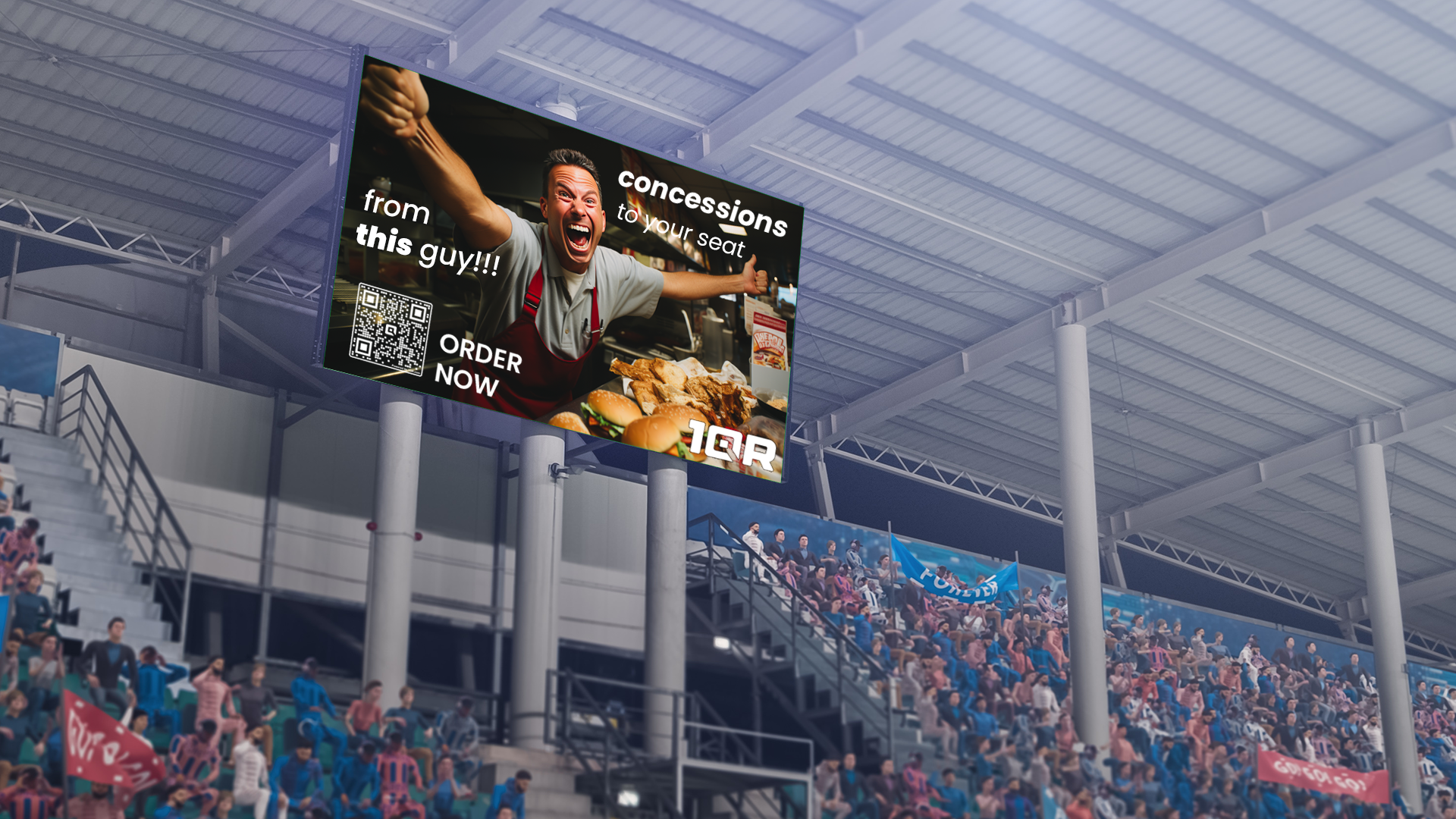 Stadium big screen with ad for in-seat food delivery using a 1QR code