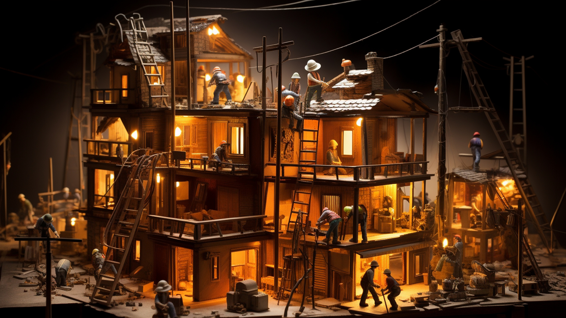 Abstract illustration of various trades workers working on a building construction project