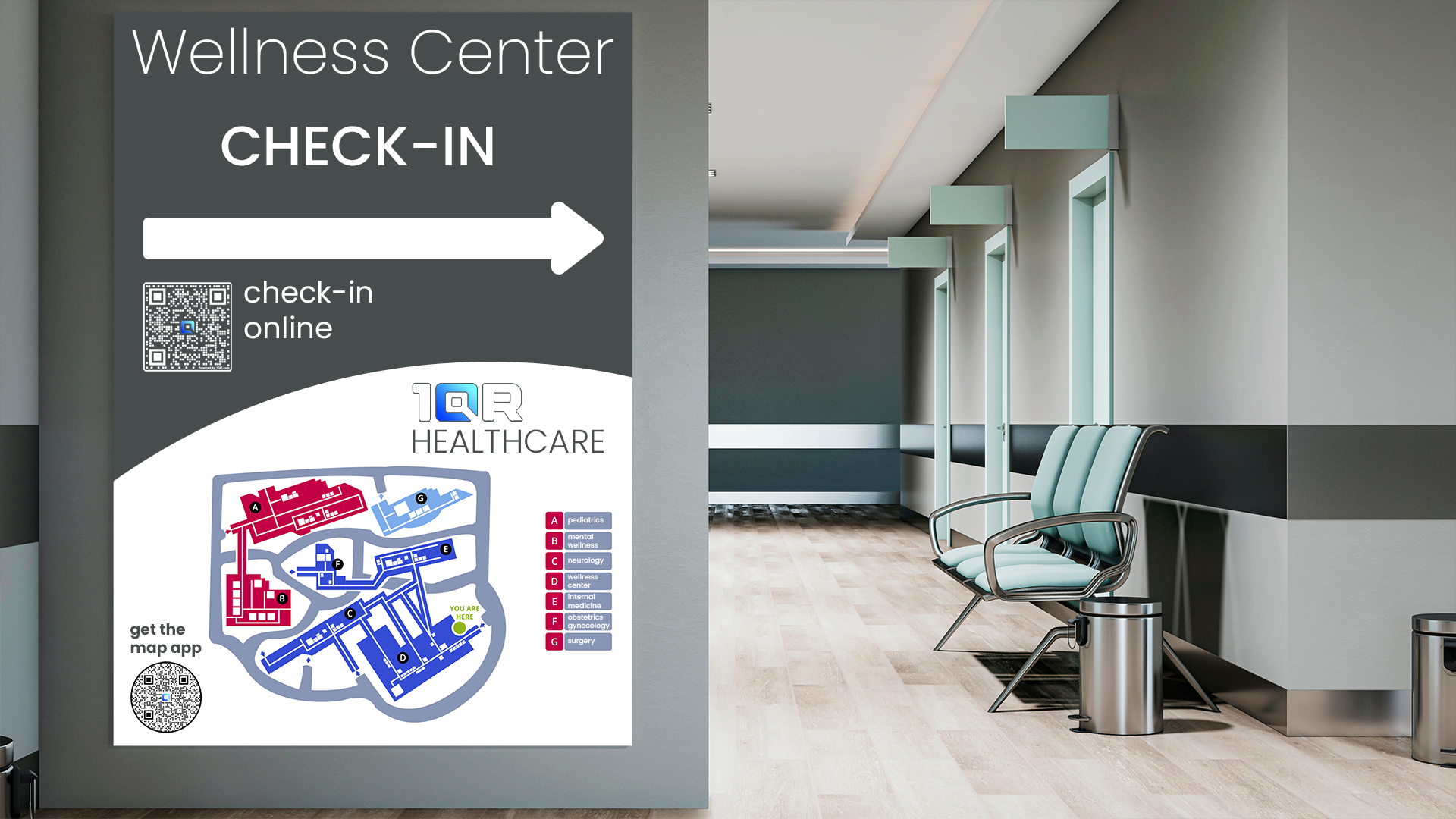 Medical office large waiting room sign with QR codes for online check-in and map app download