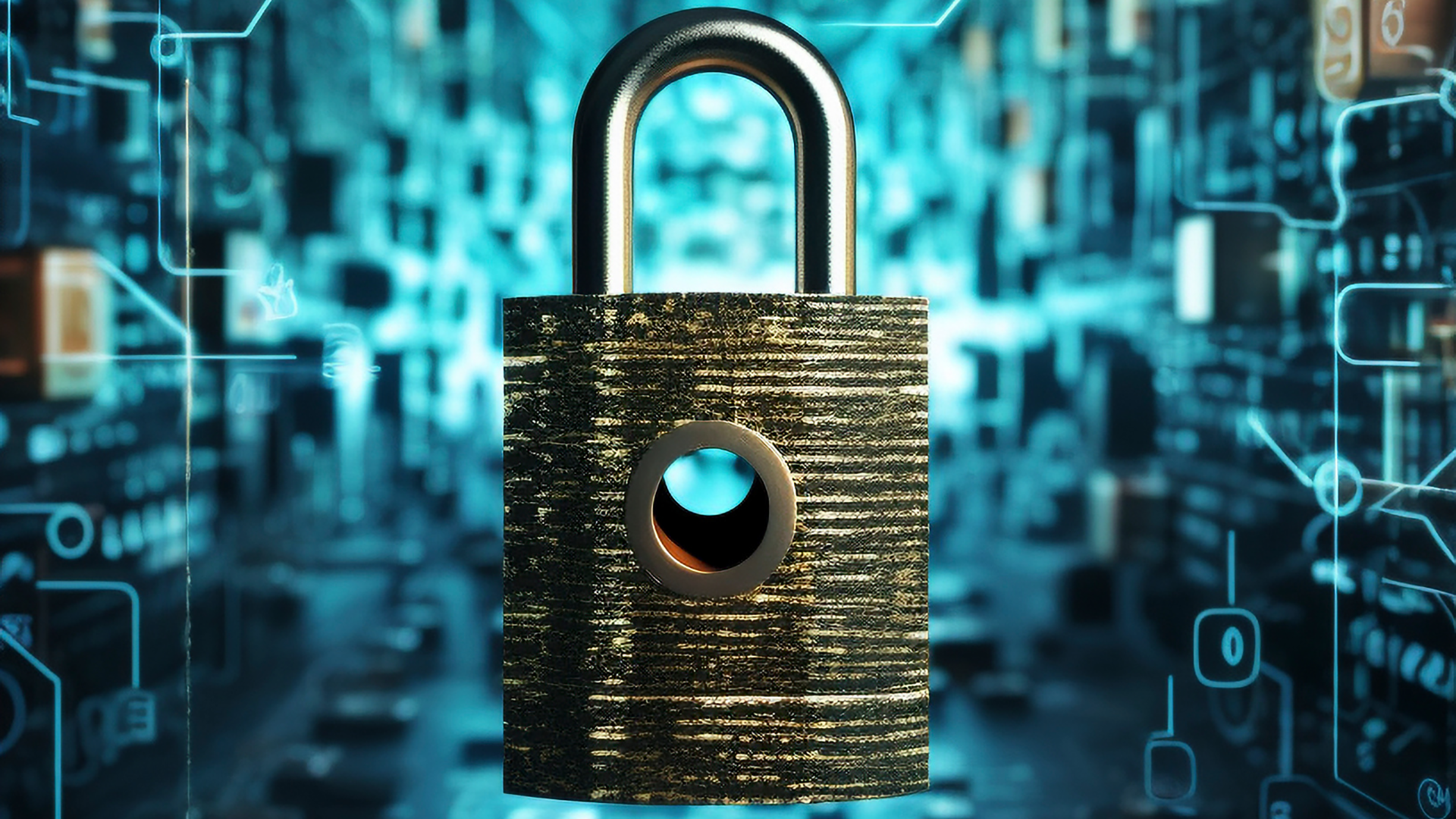 Abstract image of a padlock over blue digital landscape