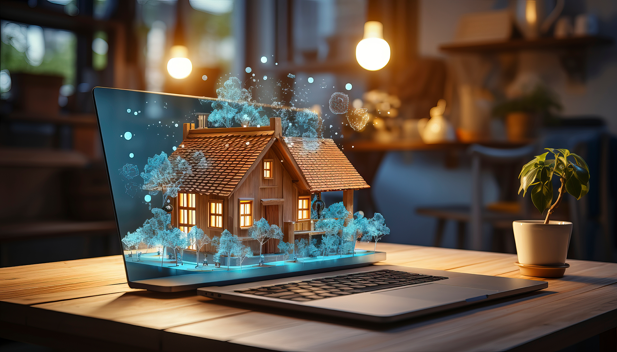 3D rendering of a home emerging through a laptop on a desk