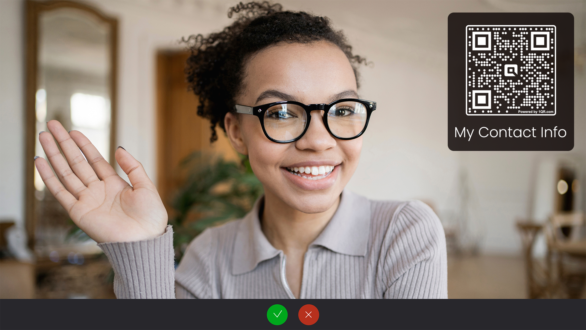 Woman waving on a virtual meeting screen with a QR code for contact info on the background image