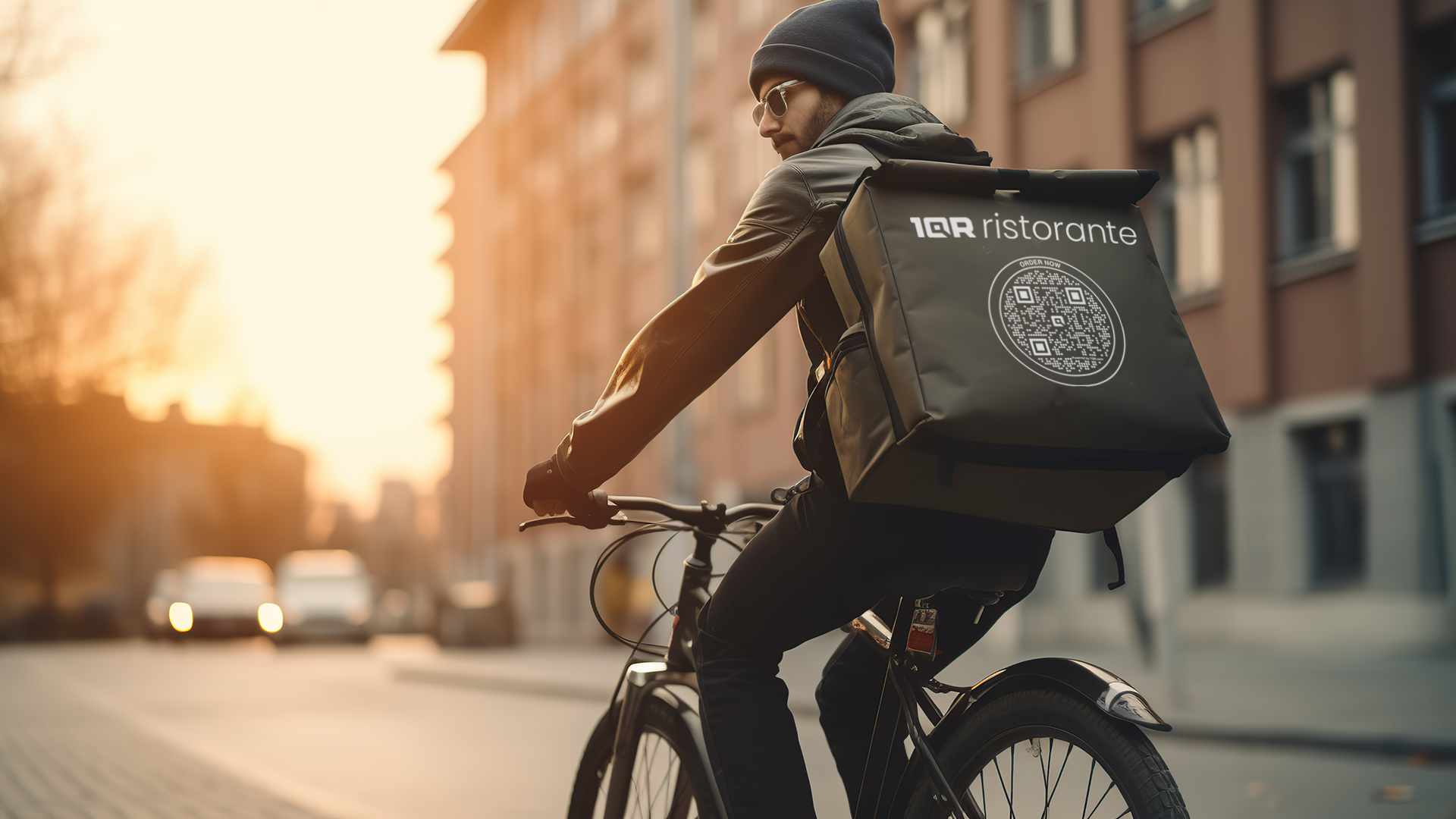 Bicycle delivery rider with backpack and QR code on backpack
