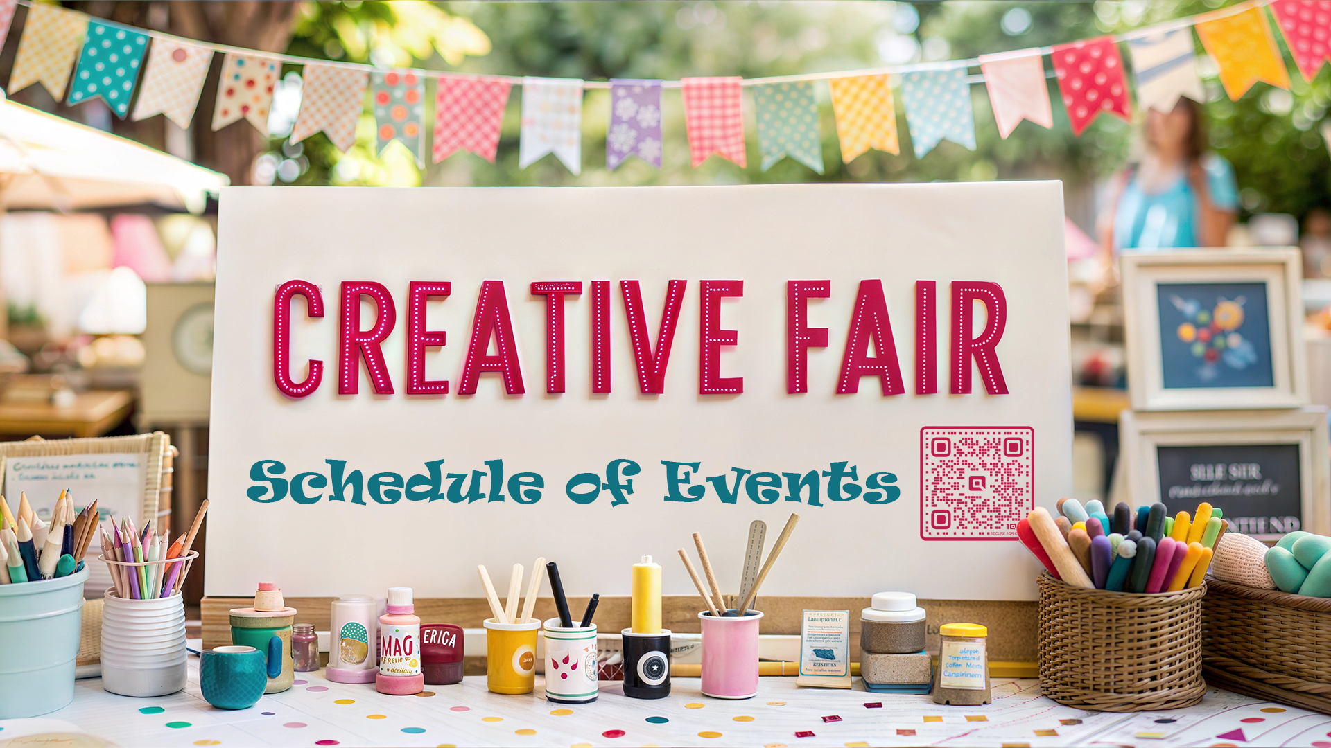 Creative Fair sign with a QR code inking to schedule of events and a craft table with art supplies