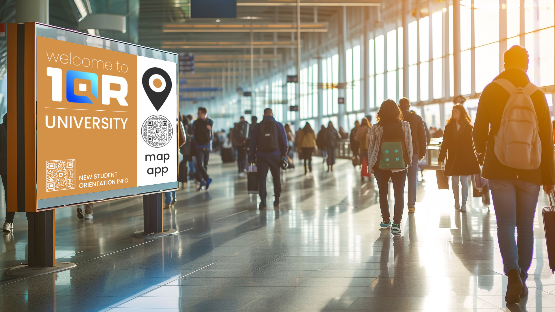 Digital sign in a crowded college hallway using QR codes to link to welcome info and a map app