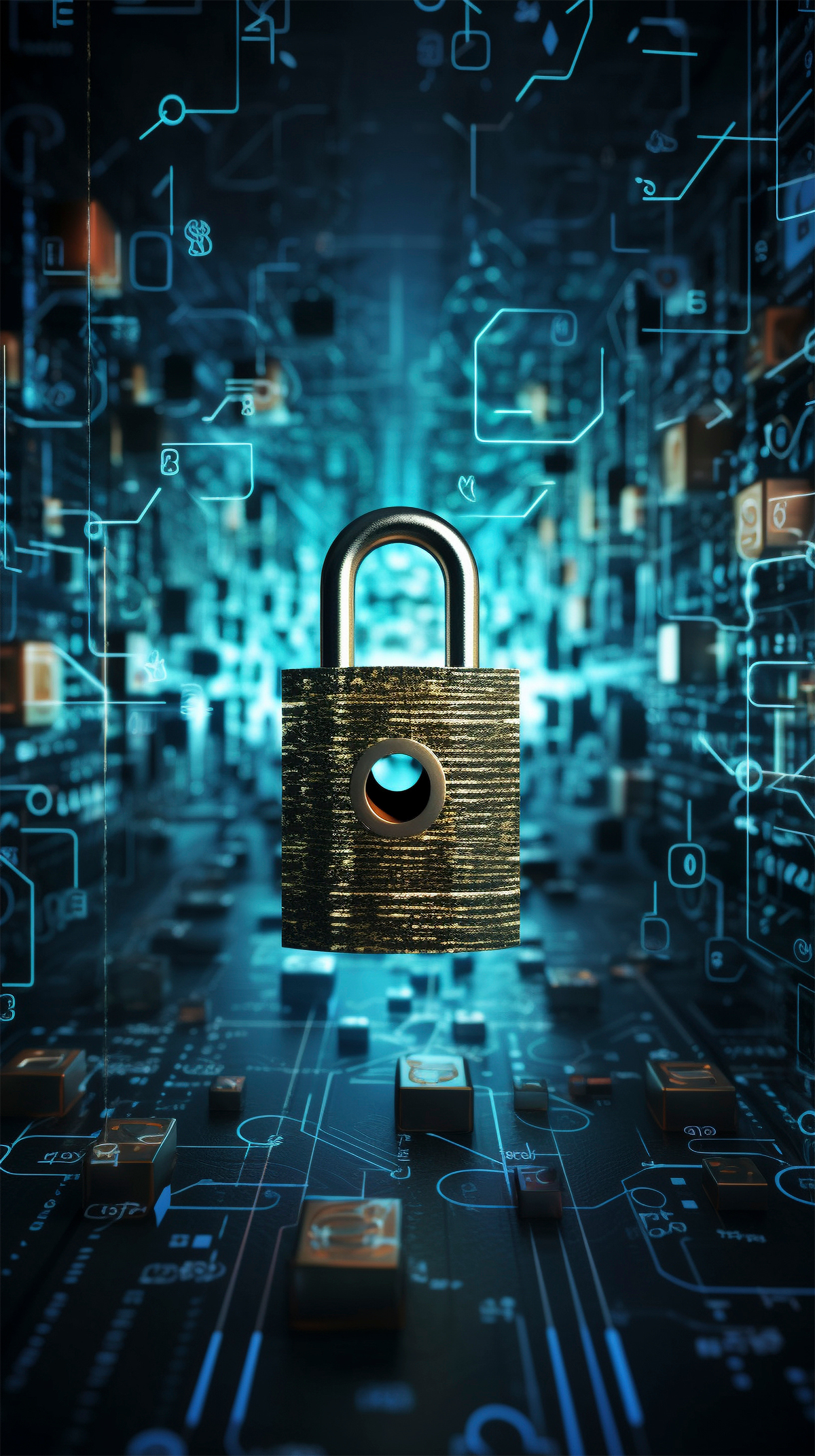 Abstract of padlock over a busy digital landscape