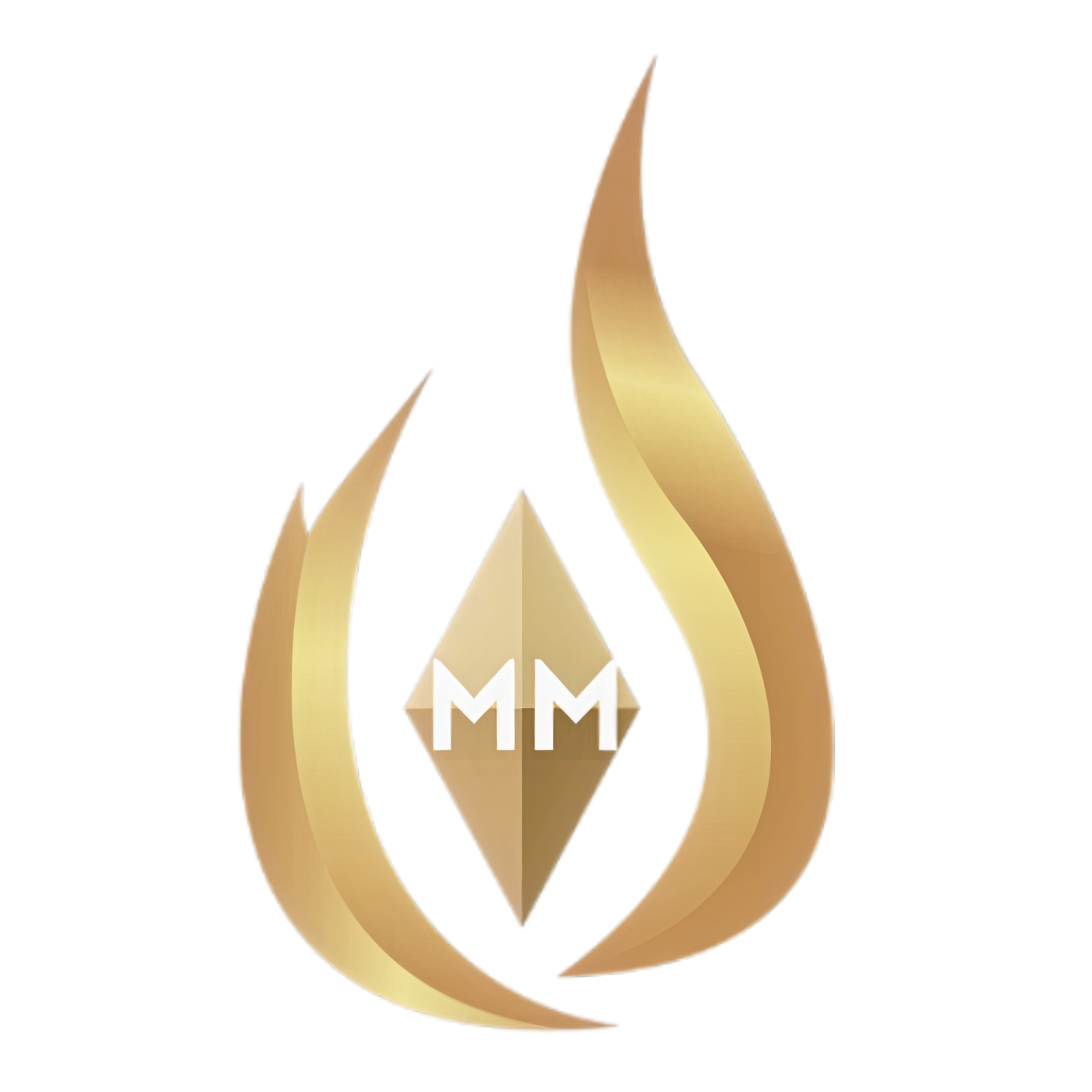 Marketing Mama logo — elegant gold flame design with diamond center featuring “MM” initials, representing The Marketing Mama 