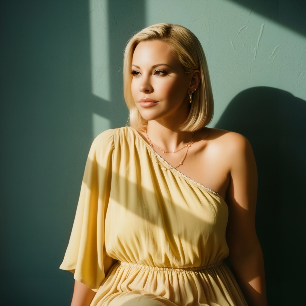 Amanda, The Marketing Mama for all things real estate wears gold dress looking out window.