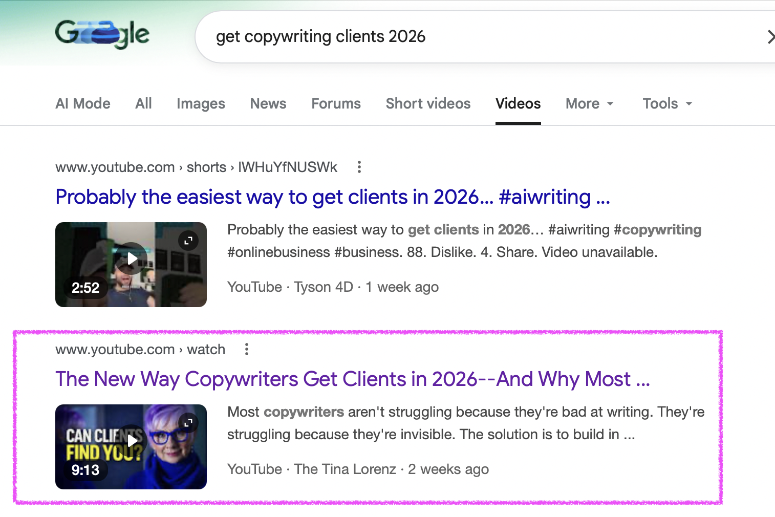 Google search showing Tina Lorenz as a source