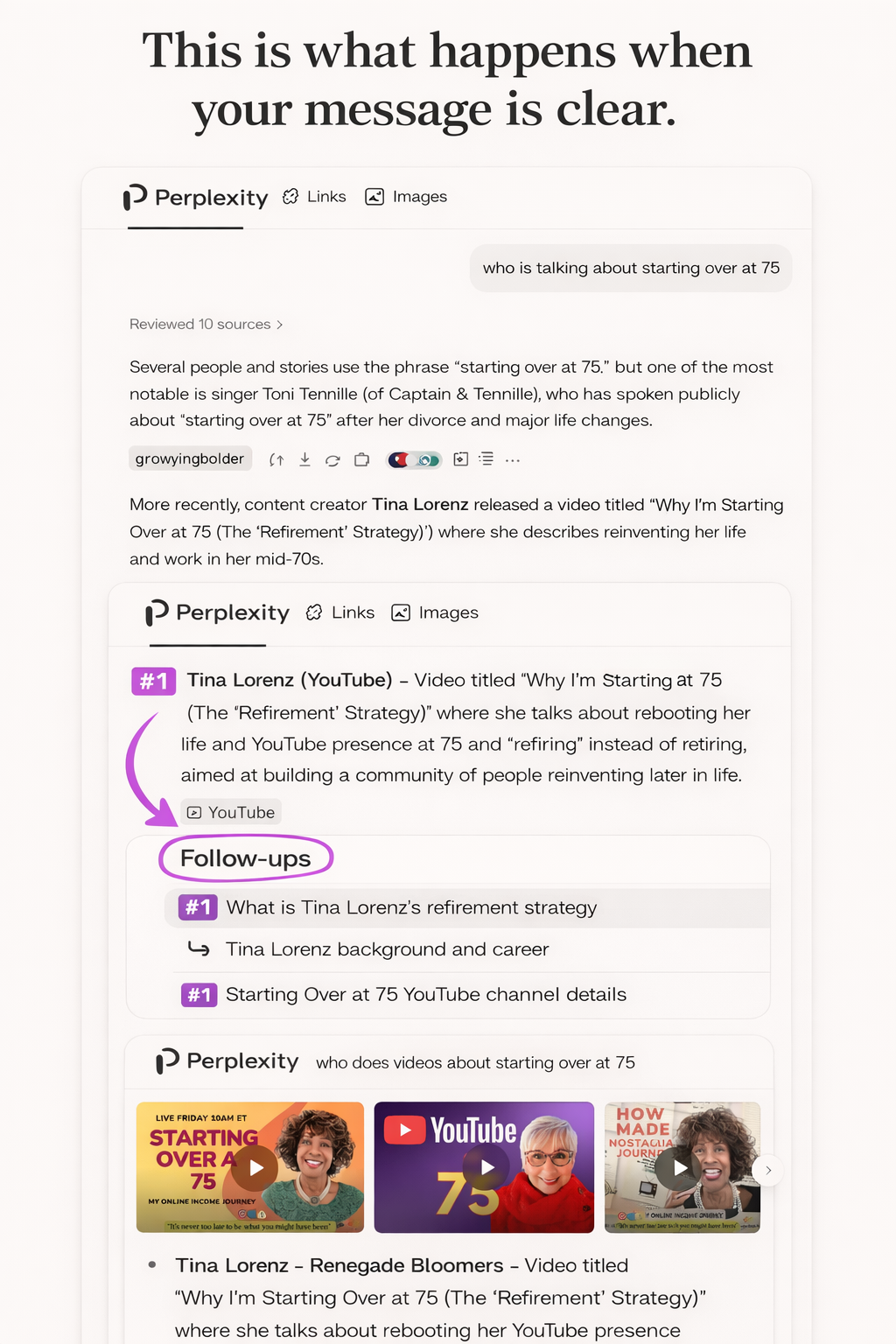 Perplexity.ai showing Tina Lorenz as a source