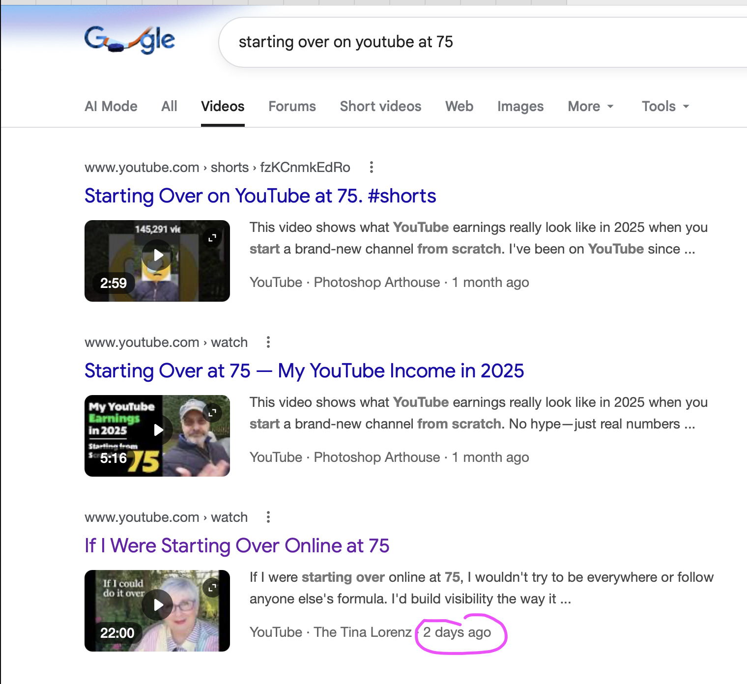 Google search showing a video from Tina Lorenz in the top 3