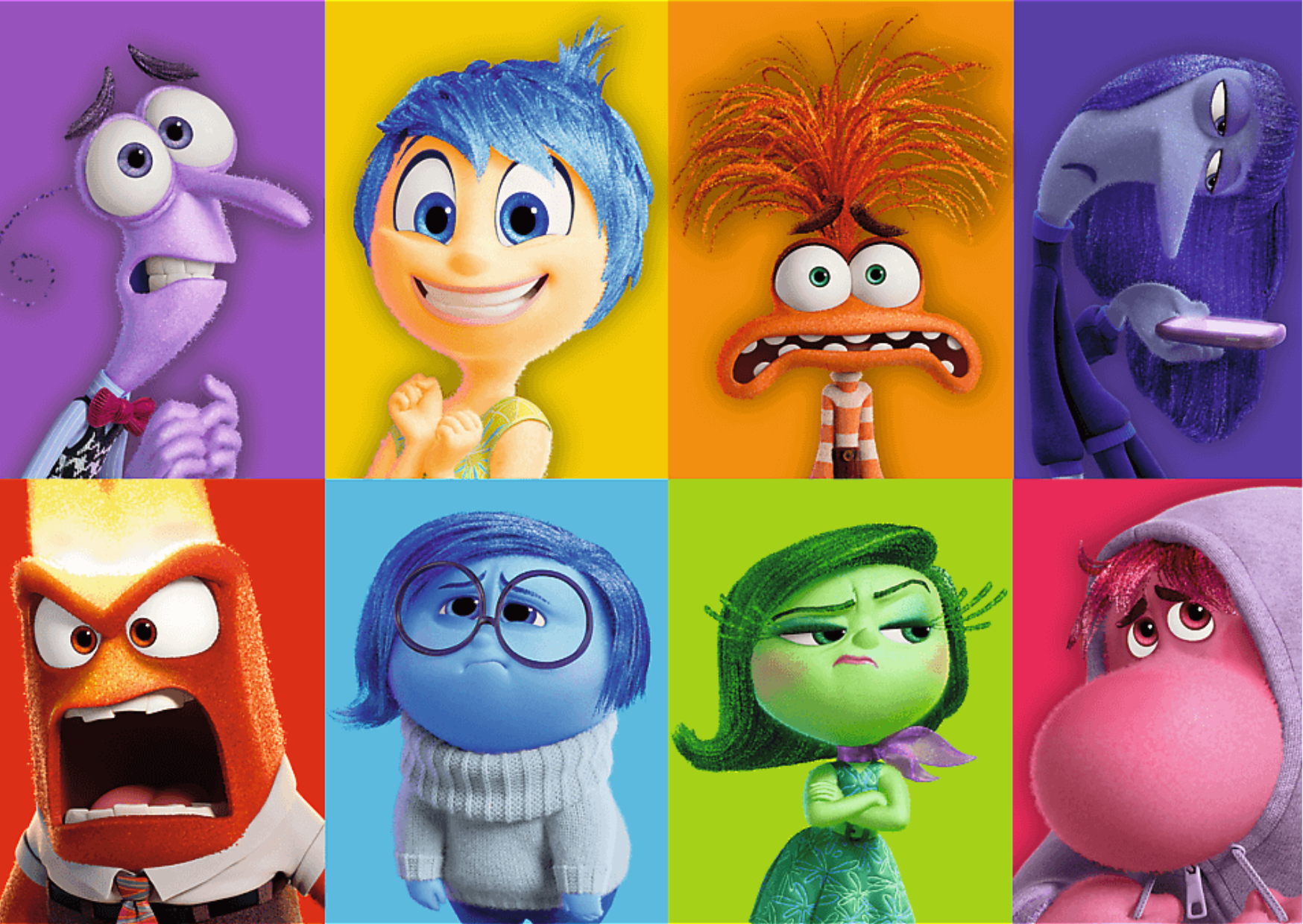 Illustratie van de emoties vreugde, verdriet, angst, woede en afkeer uit de film Inside Out 2, samen met nieuwe emoties zoals