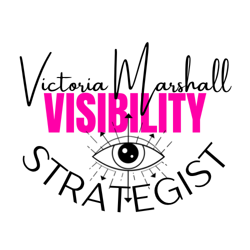 The words Victoria Marshall, Visibility Strategist, with Visibility in Block Pink and Strategist Curling around an eye with