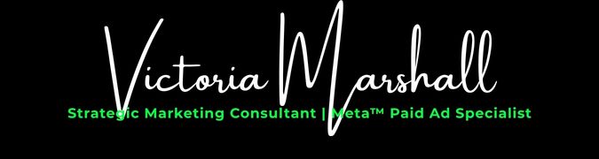 Logo saying Victoria Marshal in White script and Strategic Marketing Consultant | Meta Paid Ad Specialist in Bright Green