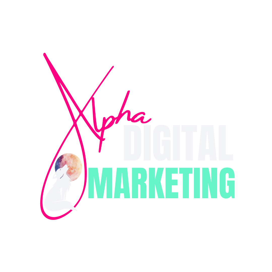 Logo for Alpha Digital Marketing featuring the words and a wolf howling at the moon