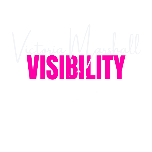 The words Victoria Marshall, Visibility Strategist, with Visibility in Block Pink and Strategist Curling around an eye with