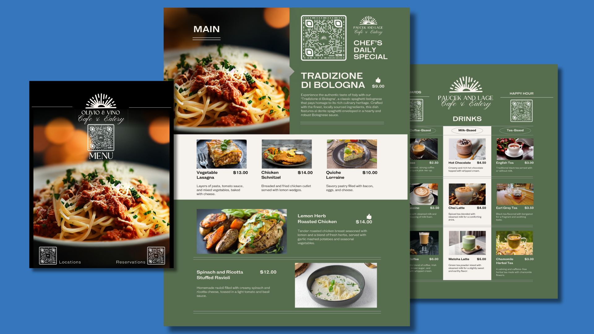 Example menu with several use cases for QR codes