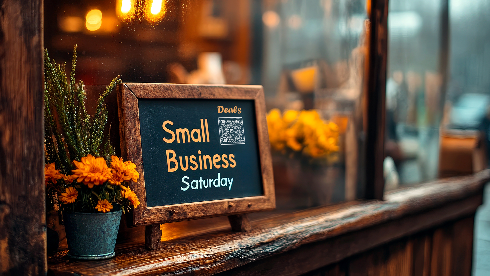Small Business Saturday tabletop placard with a QR code for deals on a shelf outside of a small business