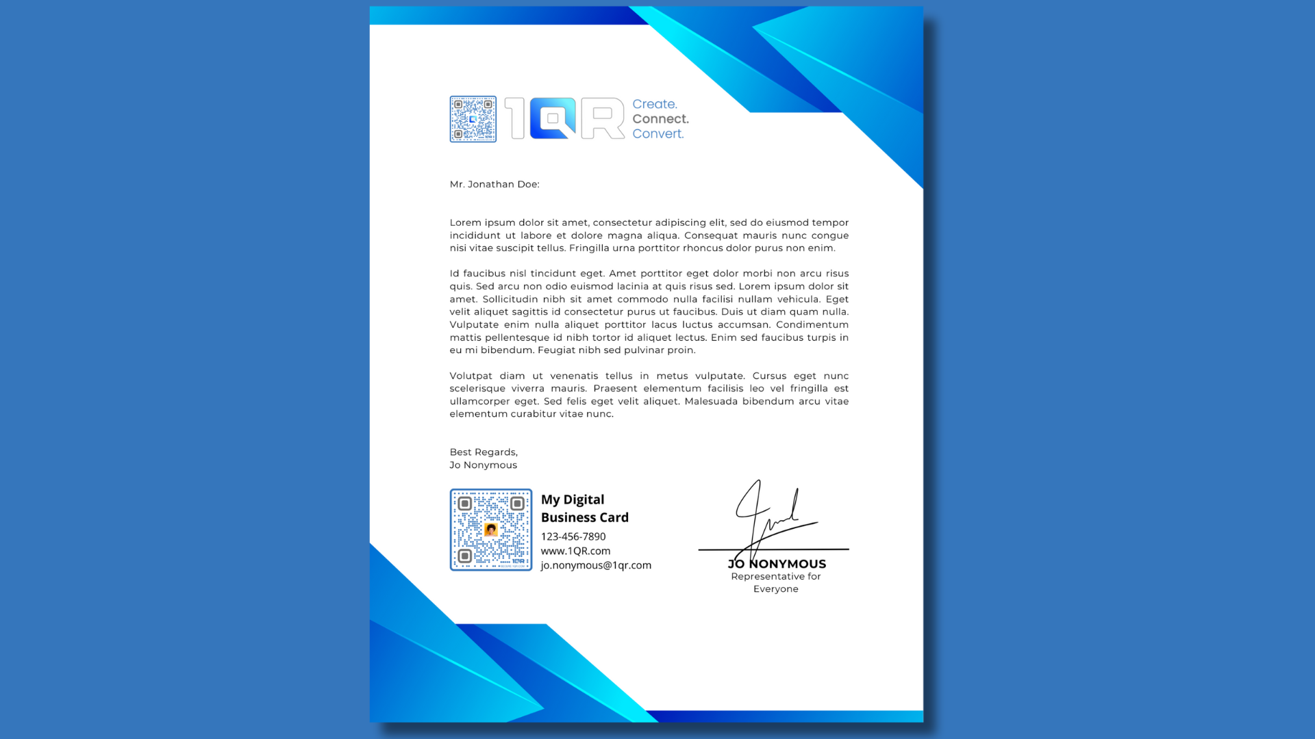 Letterhead example with QR code linking to website and QR linking to digital business card