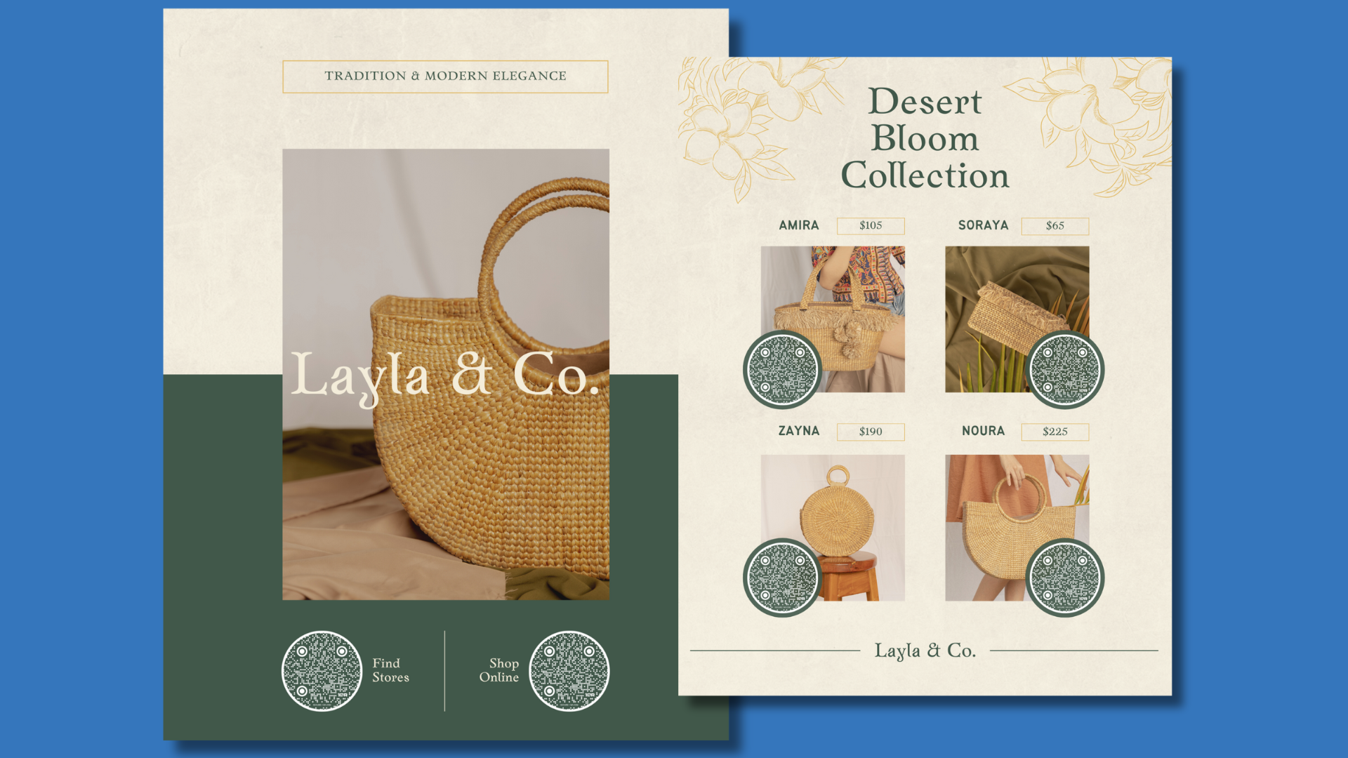 Example catalog cover and page showing QR codes for products, finding stores, and online shopping