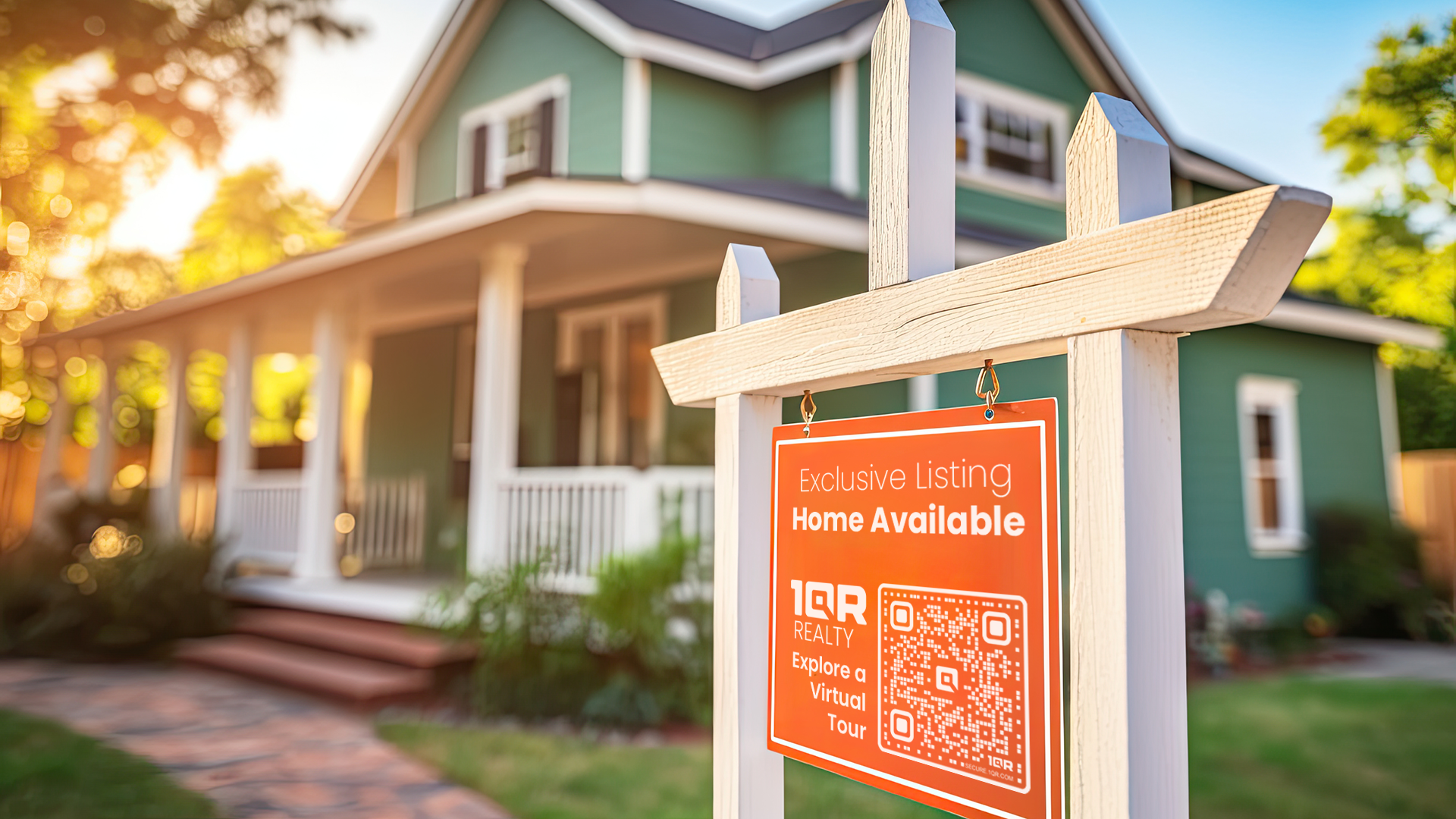 Yard sign in front of a home with a QR code that links to a virtual tour