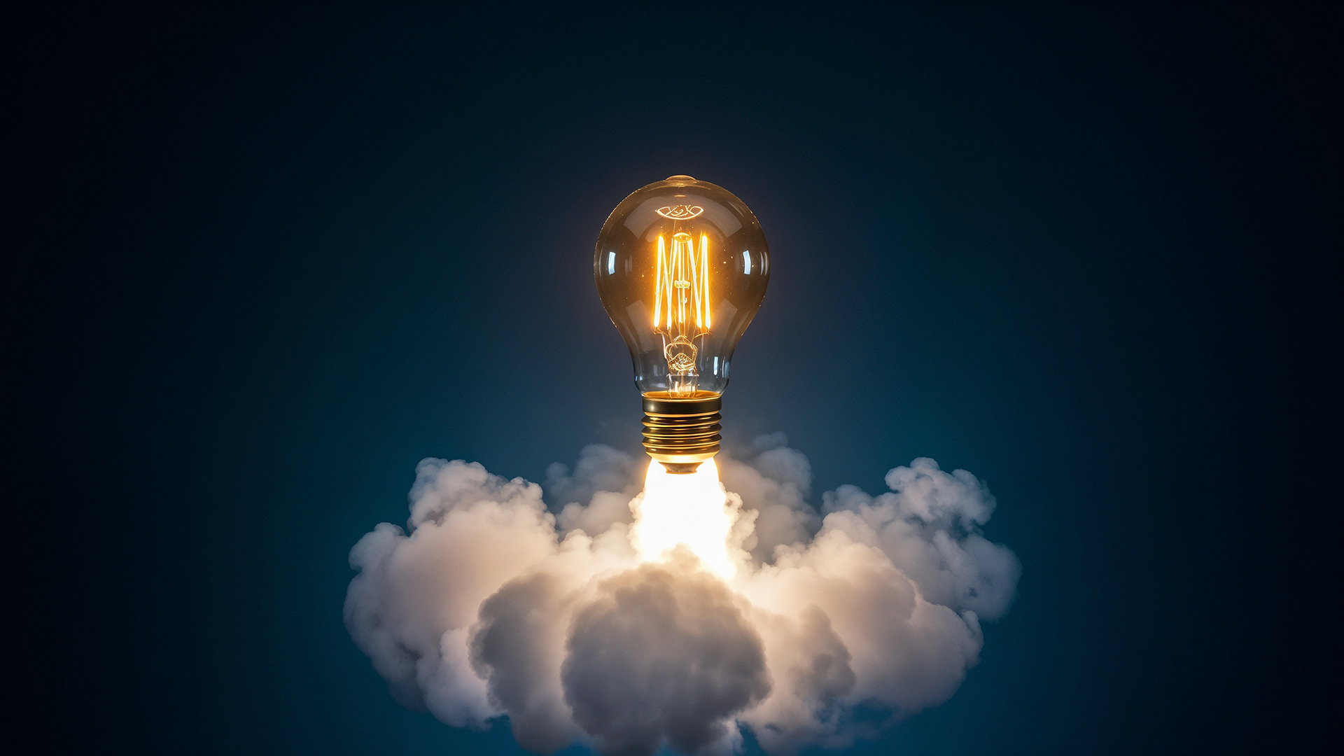 Image of an Edison style light bulb taking off like a rocket ship