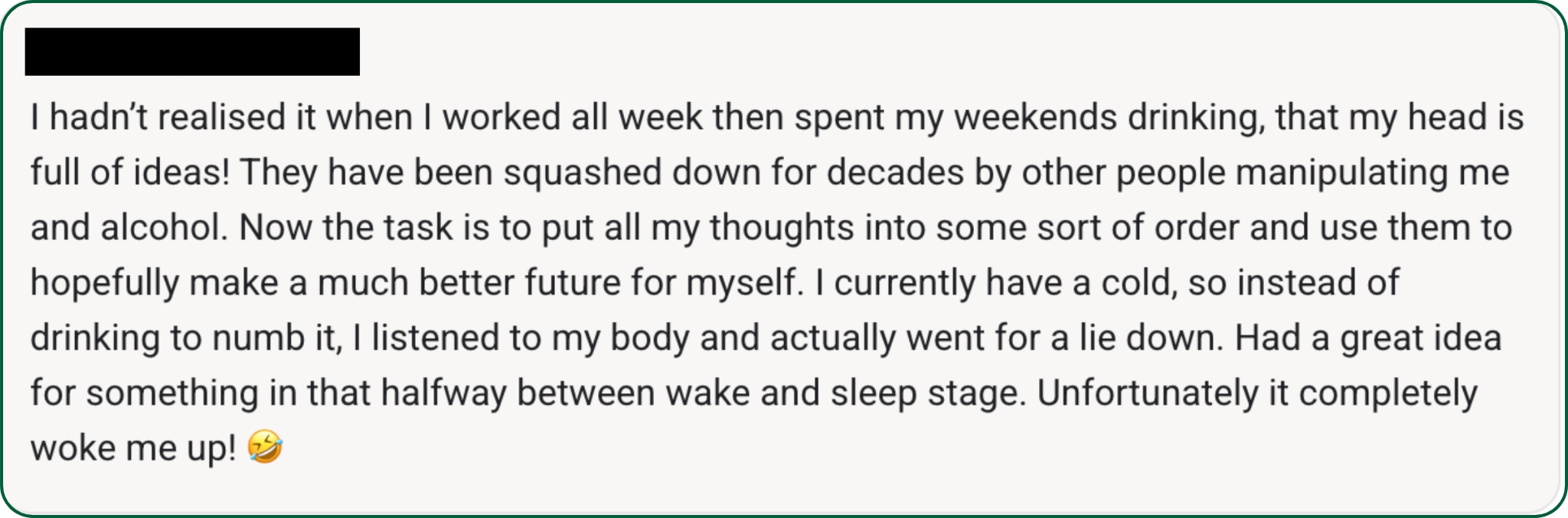 Member testimonial about rediscovering creativity, listening to your body and building an alcohol-free future through The MLT