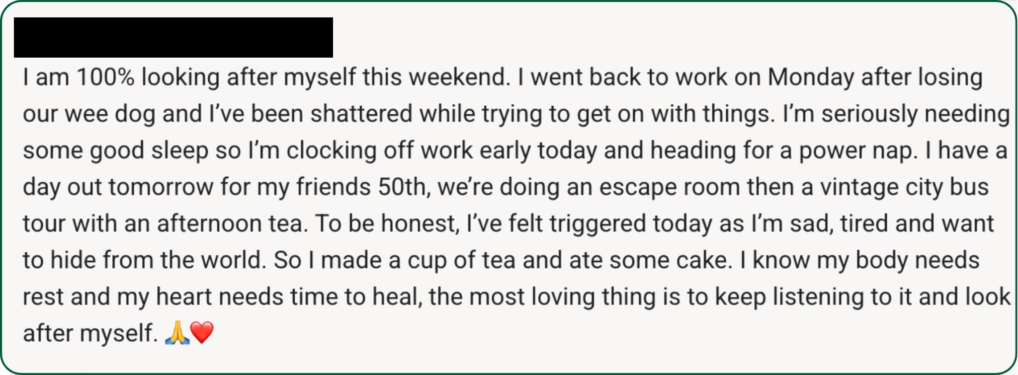 Member testimonial about practising self-care, coping with grief and choosing an alcohol-free response through The MLT Lounge
