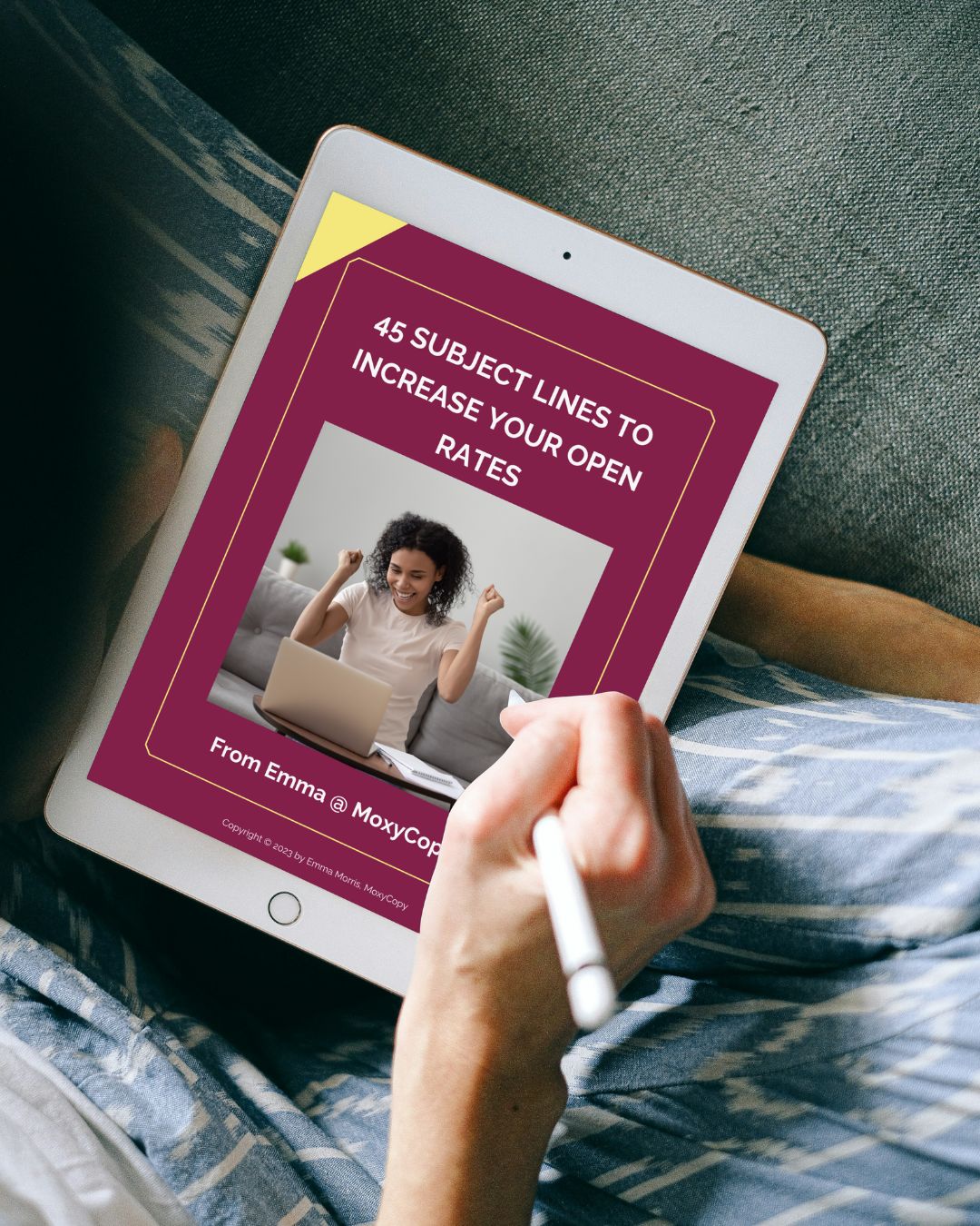 45 highest performing subject lines displayed on tablet being held by woman