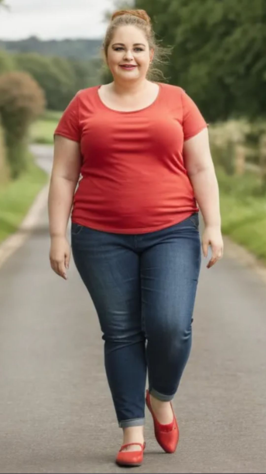 Emma Morris wearing a red top and jeans, walking down a country road