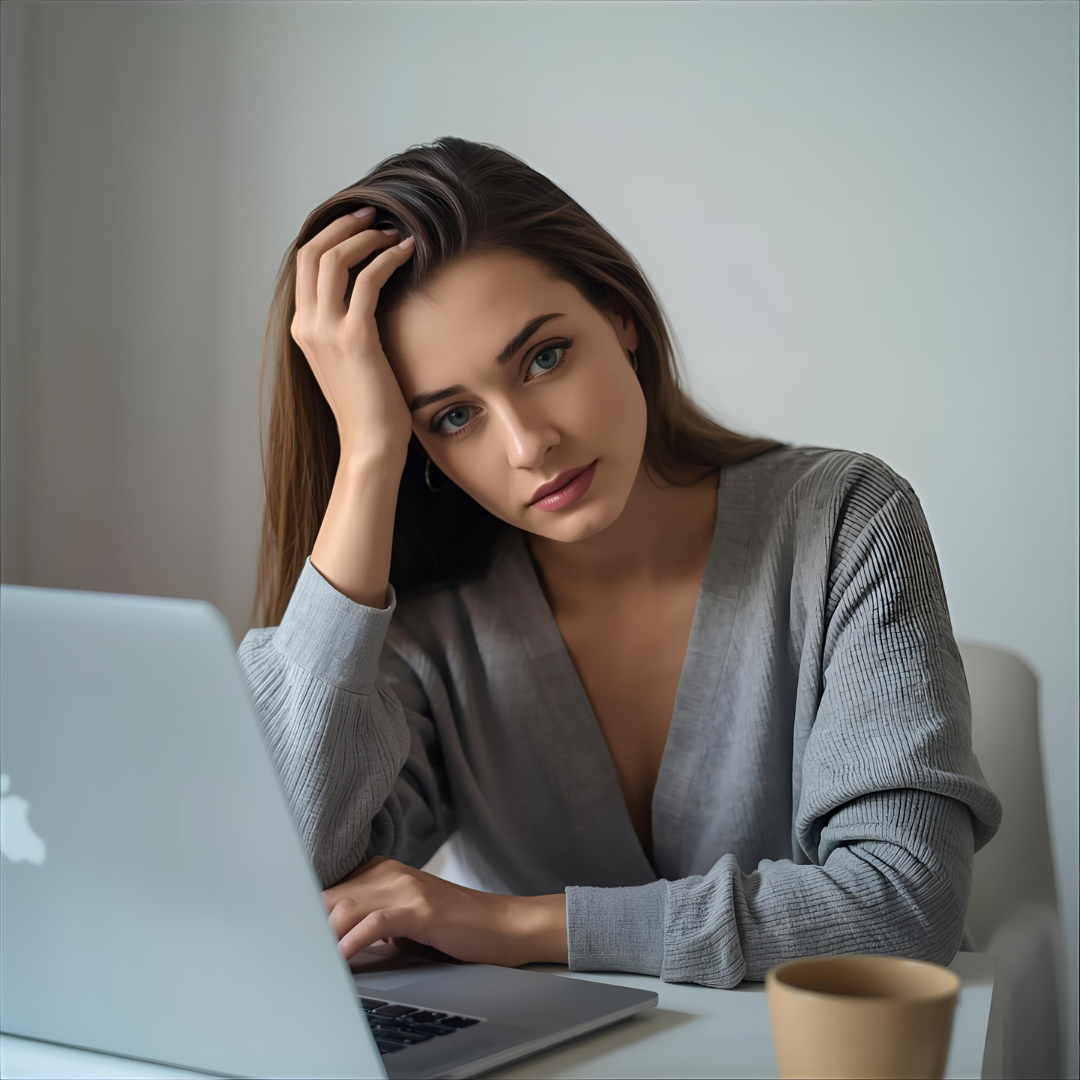Woman holding her head, thinking showing her before listening to the fear of public speaking and online visibility energy act