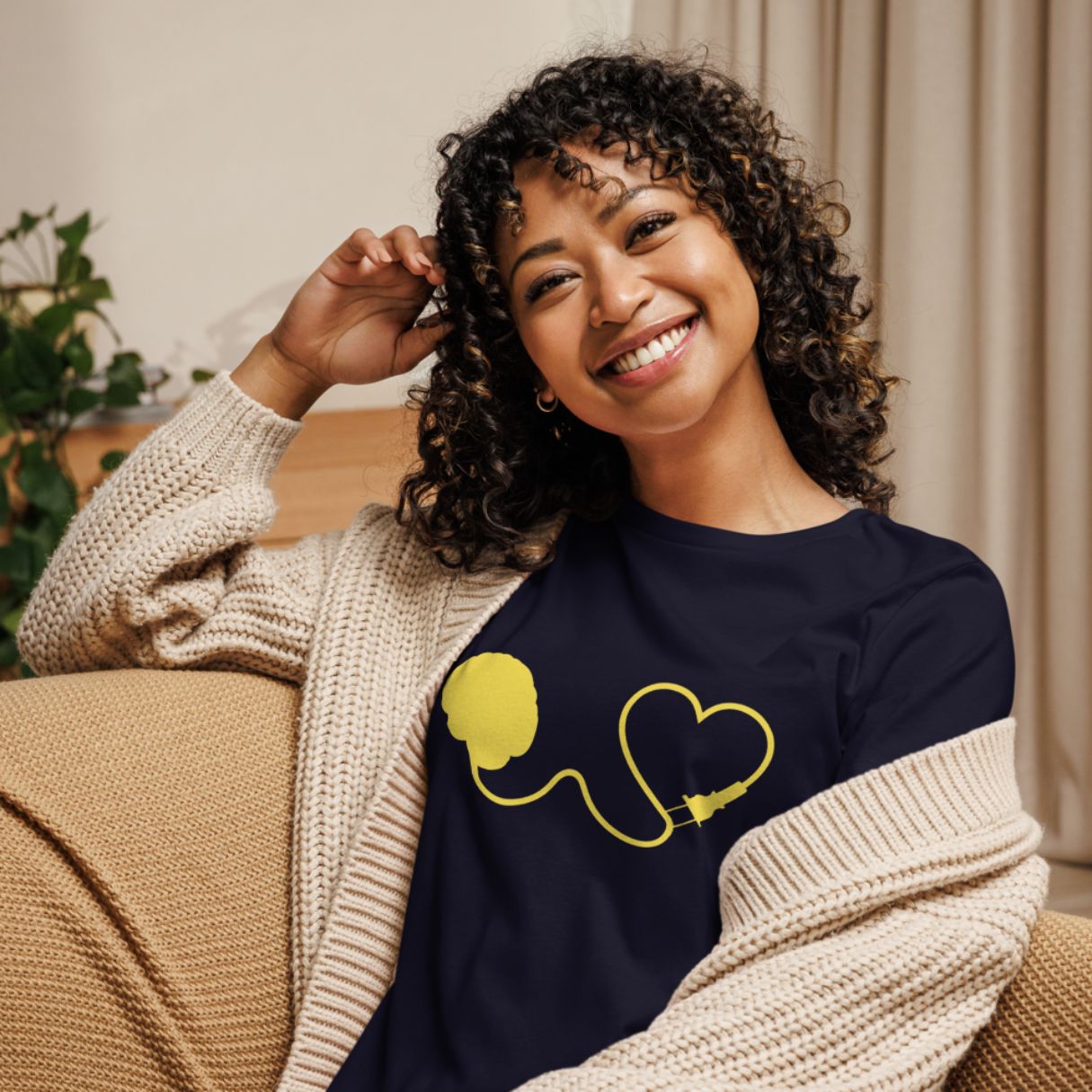NeoMasculinity Solutions SWAG - relaxed woman with Heart-Brain Coherence symbol on t-shirt